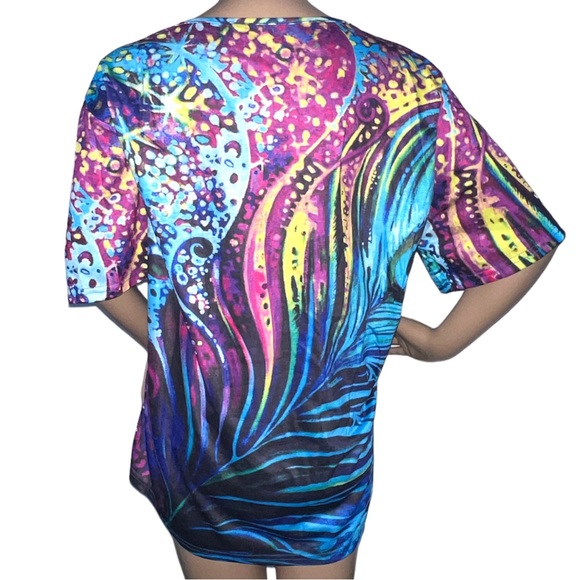 MISSLOOK | COLORFUL PEACOCK FEATHER PRINT SHORT SLEEVE TOP - Picture 2 of 8